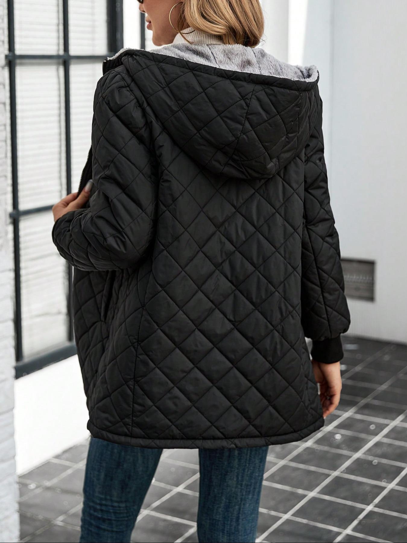 Women's Solid Zipper Quilted Hooded Jacket Coats, Casual Long Sleeve Pocket Design Thermal Lined Outerwear for Fall & Winter, Women's Clothing for Daily Wear