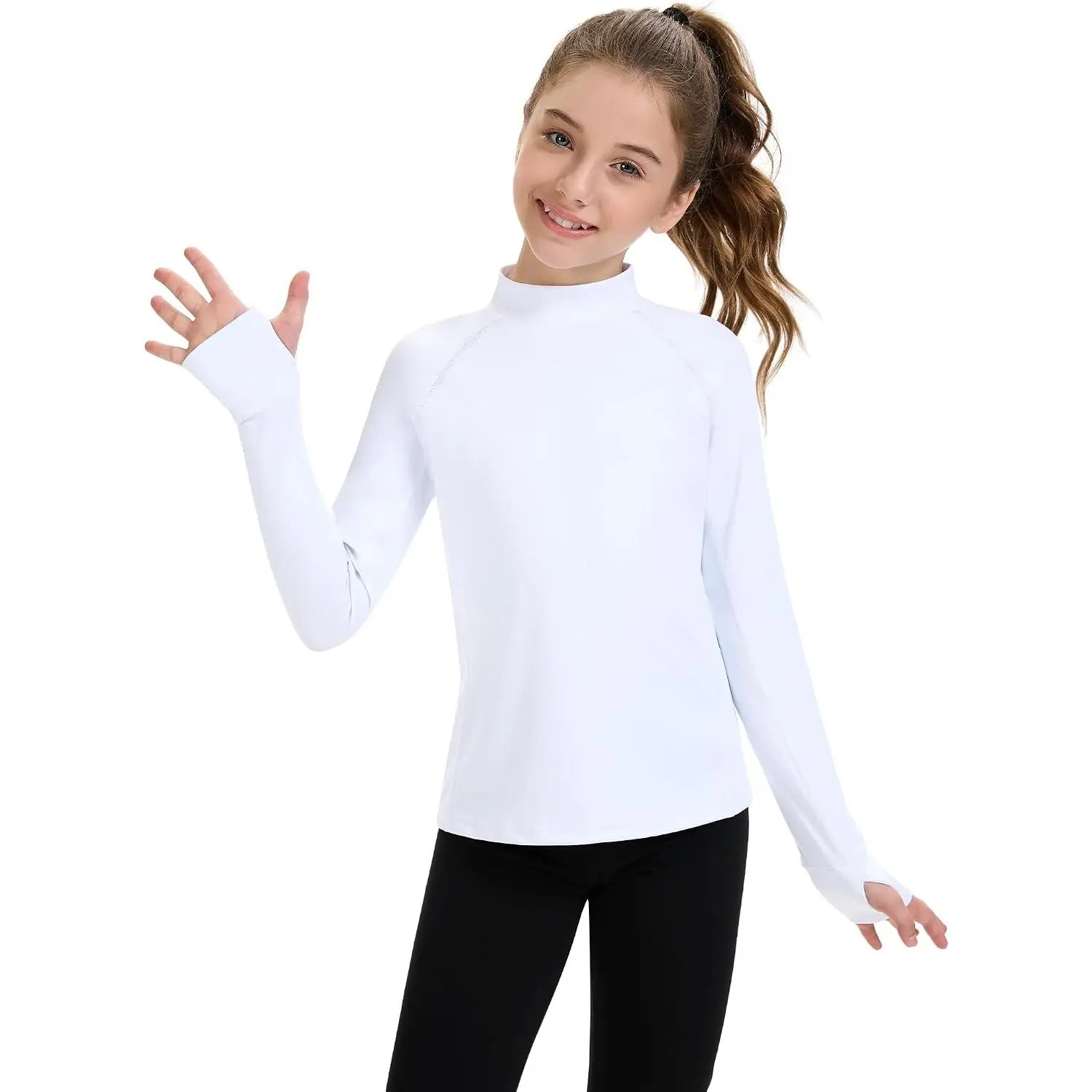 Girls Long Sleeve Shirt Kids Turtleneck Athletic T-Shirt Sports Activewear Yoga for Teens(Age 7-14)