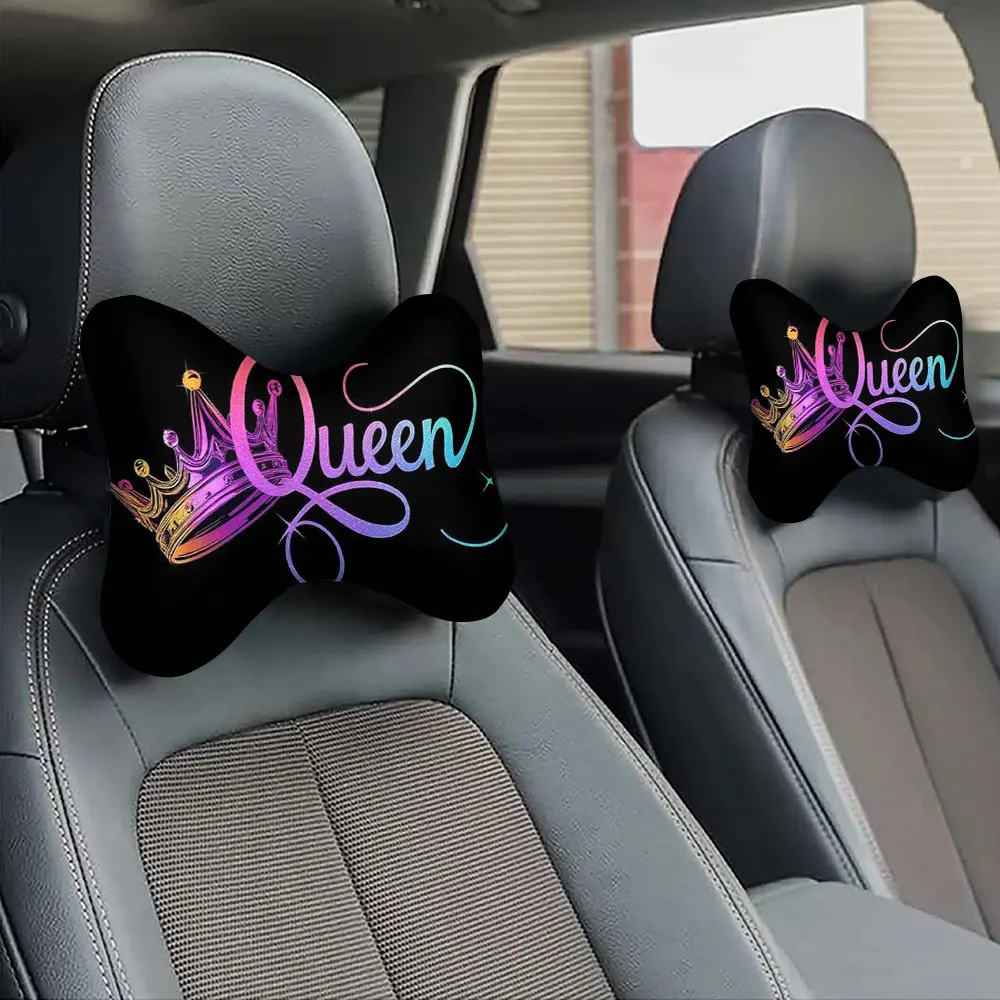 2pc Queen Crown Print Pattern Car Headrest, Neck Pillow, and Lumbar Support Pillow, Soft and Fluffy, Suitable for All Seasons, Ideal for Long-Distance Road Trips, Daily Commuting, Business Travel, and Other Scenarios, Car Accessory Seat Headrest