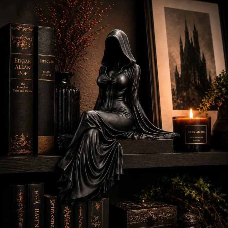1countsGothic Lady Reaper Figurine, Statue Figurines, Decorative Sculptures, Home Decor Sculptures, Dark Academia Bookshelf Decor, Mysterious Accent, Gothic Hooded Woman Statue, Witchy Spooky Accent for Alt Aesthetic, Statues For Home Decor