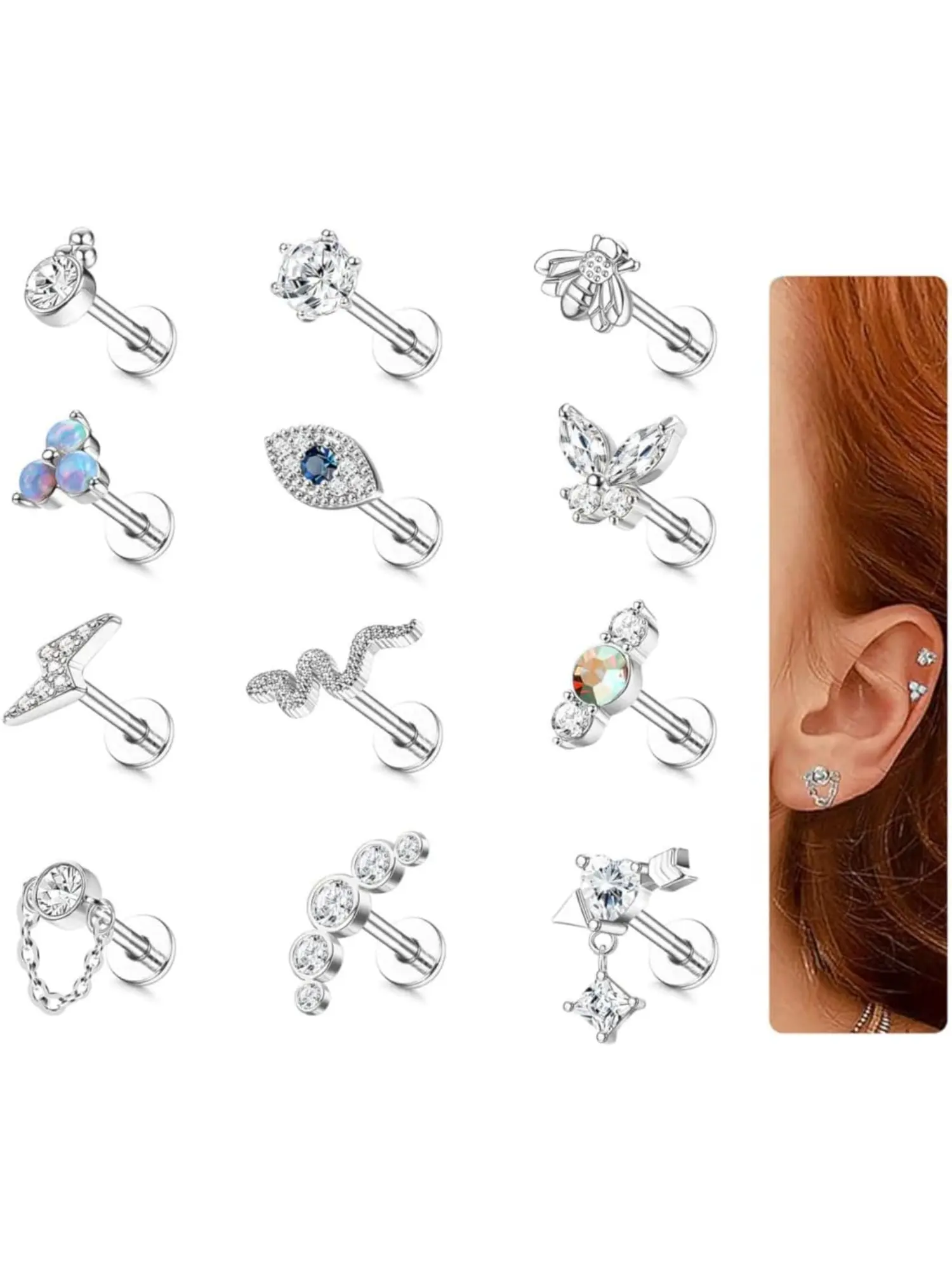 12Pcs 16G Cartilage Earrings Stud for Women Surgical Steel Top Screw Flat Back Earrings Bee Butterfly Snake Evil Eye CZ Cartilage Earrings Tragus Helix Piercing Jewelry