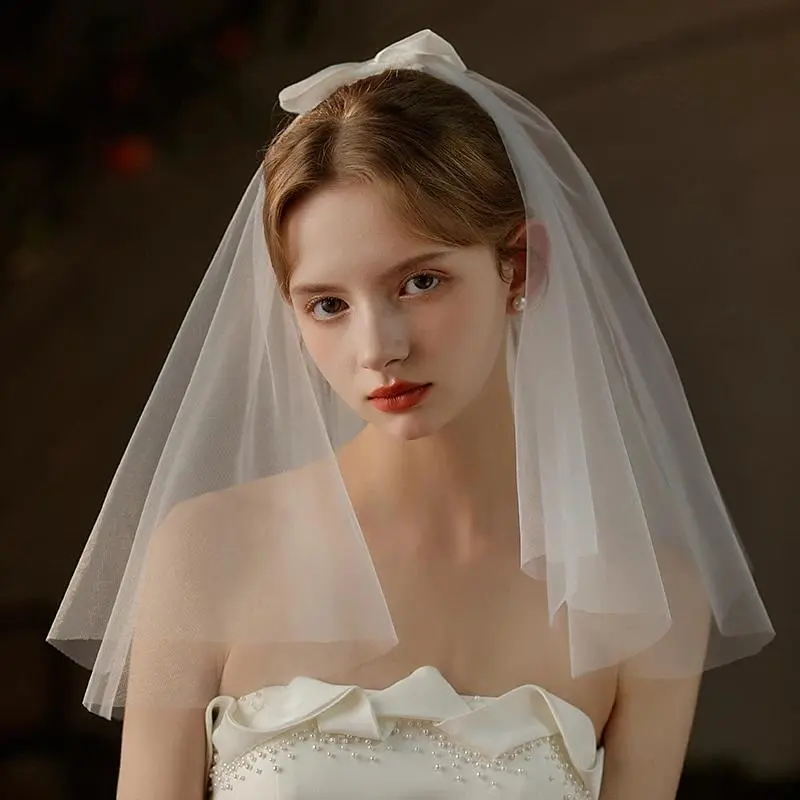V740 Wedding Bridal Short Veil Two-Layer Tulle Satin Bow White Shoulder Handmade Brides to Be Women Headdress Veil
