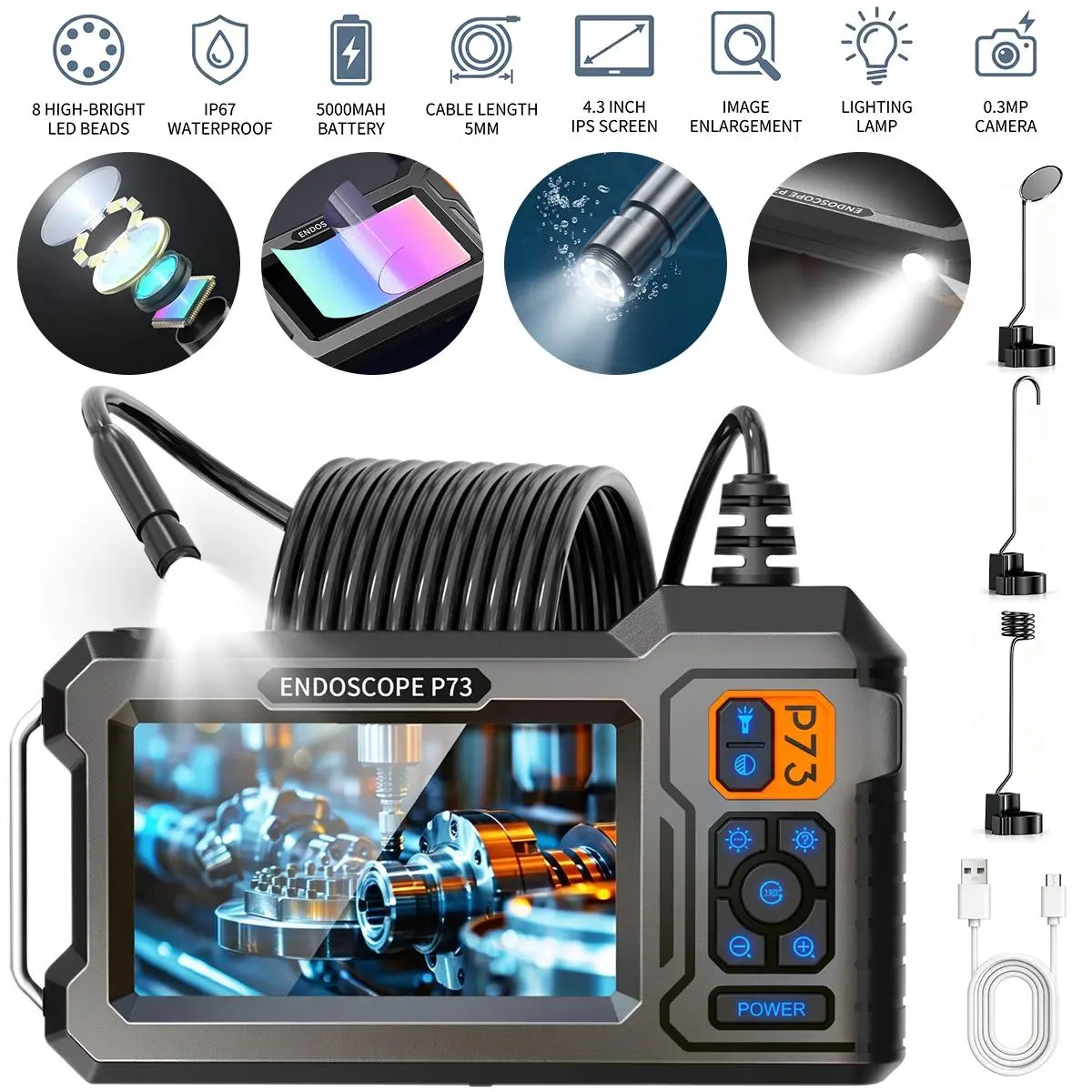 Automotive Diagnostic Inspection Endoscope P73, 4.3-in IPS Screen, 5000mAh Battery, IP67 Waterproof, 8 LED Beads, 0.3MP Camera with Lighting Lamp