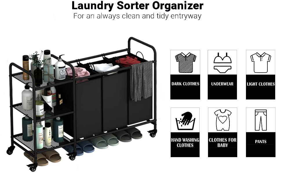3-Bag Laundry Sorting Trolley with Storage Rack 3-Section Laundry Basket Sorter with 3-Tier Storage Rack with Lockable Rolling Wheels Laundry Separation Basket with Removable Bag for Dirty Clothes Deals For You Days 3-Bag Laundry Sorting Trolley with Storage Rack 3-Section Laundry Basket Sorter with 3-Tier Storage Rack with Lockable Rolling Wheels Laundry Separation Basket with Removable Bag for Dirty Clothes Deals For You Days