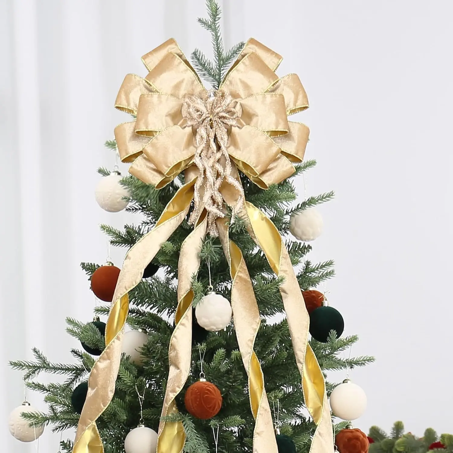 Christmas Tree Topper,  48x12 Inch Christmas Bow Tree Topper for Xmas Tree Decorations, for Xmas Ornaments Holiday  Indoor/Outdoor Wedding Thanksgiving Decor.