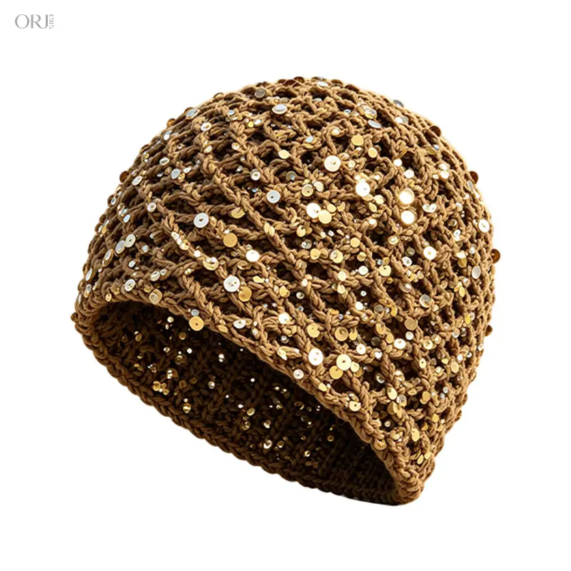 Women Fall Winter Knit Beanie Hat, Hollow Out Crochet Slouchy Skull Cap With Shiny Sequins, Breathable Solid Color Lightweight Head Wrap, Slim Face Casual Daily Hat Versatile Outdoor Streetwear Accessory,Touch,Screen,F,Boho,,Gradient,Detachab,e,cool,gift,