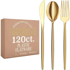 Gold Plastic Silverware Set Gold Silverware Disposable Forks and Spoons Disposable 120 Pack Plastic Utensils Set Includes 3 x 40 each Knives & Spoons & Forks For Parties and Events