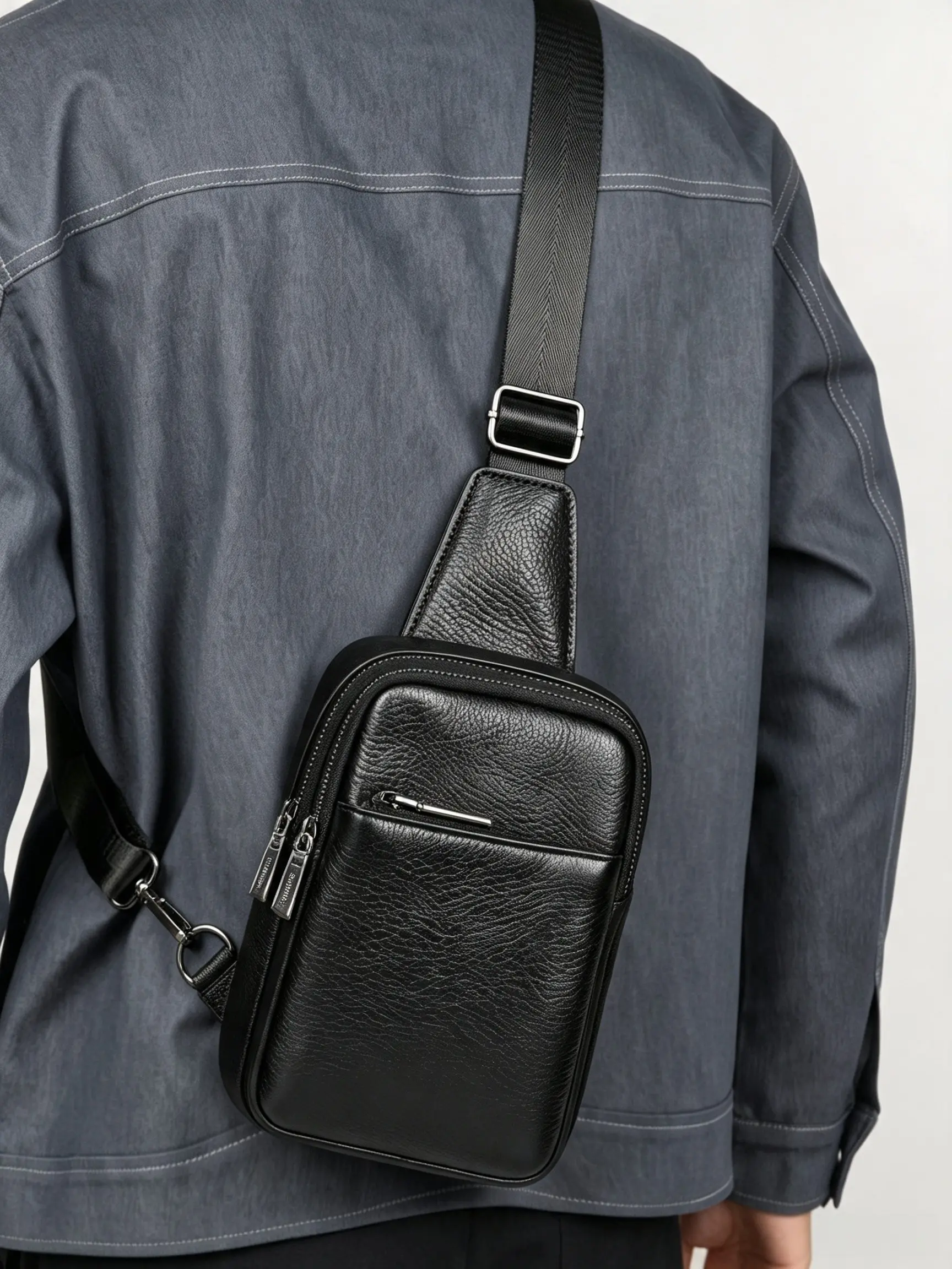 Men Top Grain Nappa Genuine Leather Chest Sling Bag, Multi Zipper Pockets Small Crossbody Shoulder Fanny Pack, Adjustable Strap Portable Cell Phone Wallet Bag, Lightweight Casual Daypack Travel Outdoor Business Bag, Ideal Birthday Holiday Gift For Men