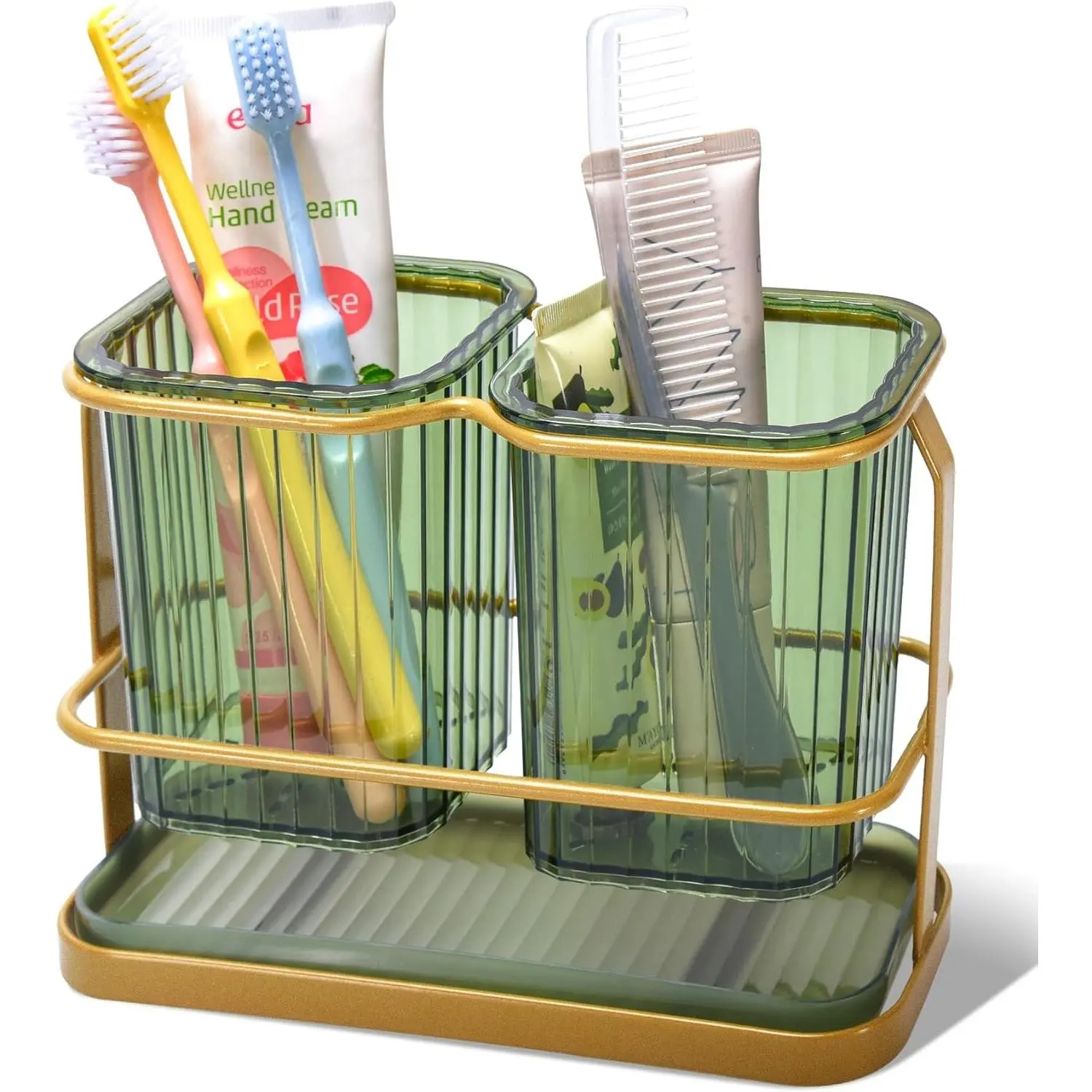 Green Toothbrush Holders for Bathrooms, 2 Cups Toothbrush Holders Wall Mounted, Dry & Wet Separation, Bathroom Organizers and Storage, Bathroom Toothbrush Holder Set for Family Kids