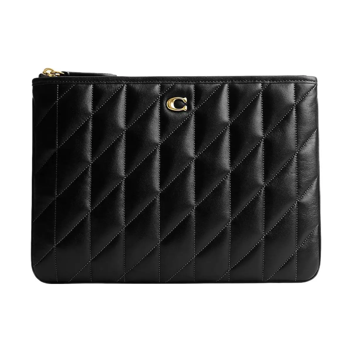 COACH Pouch 29 Leather Clutch Bag for Women, Quilted Chevron with Silver Logo, Zip Closure, Black