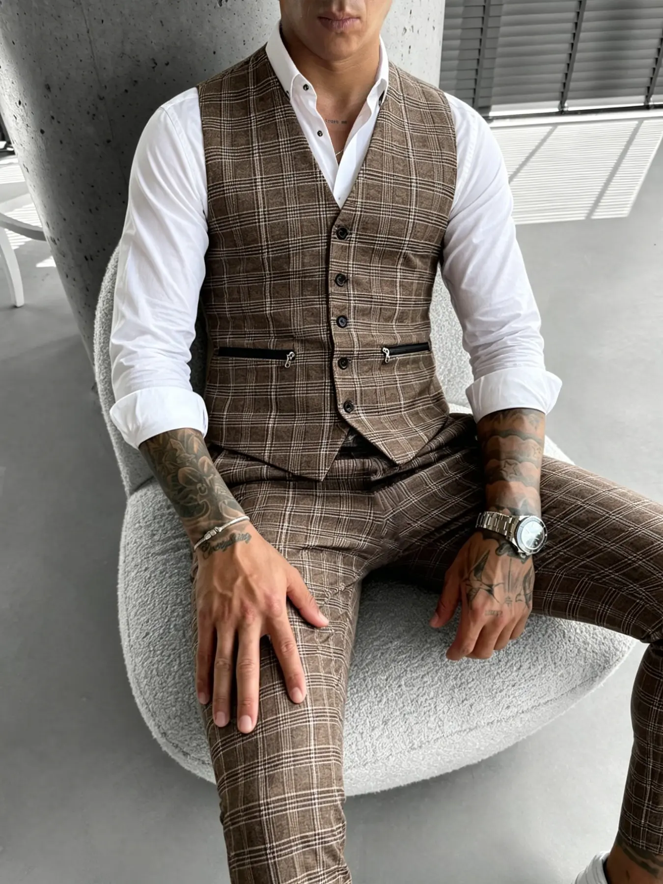 Men's Fashion Casual Tartan Blazer Vest and Pants Set, Suit Sets, Vintage Business Style, All Seasons Wear, Slim-Fitting, Plain Pattern