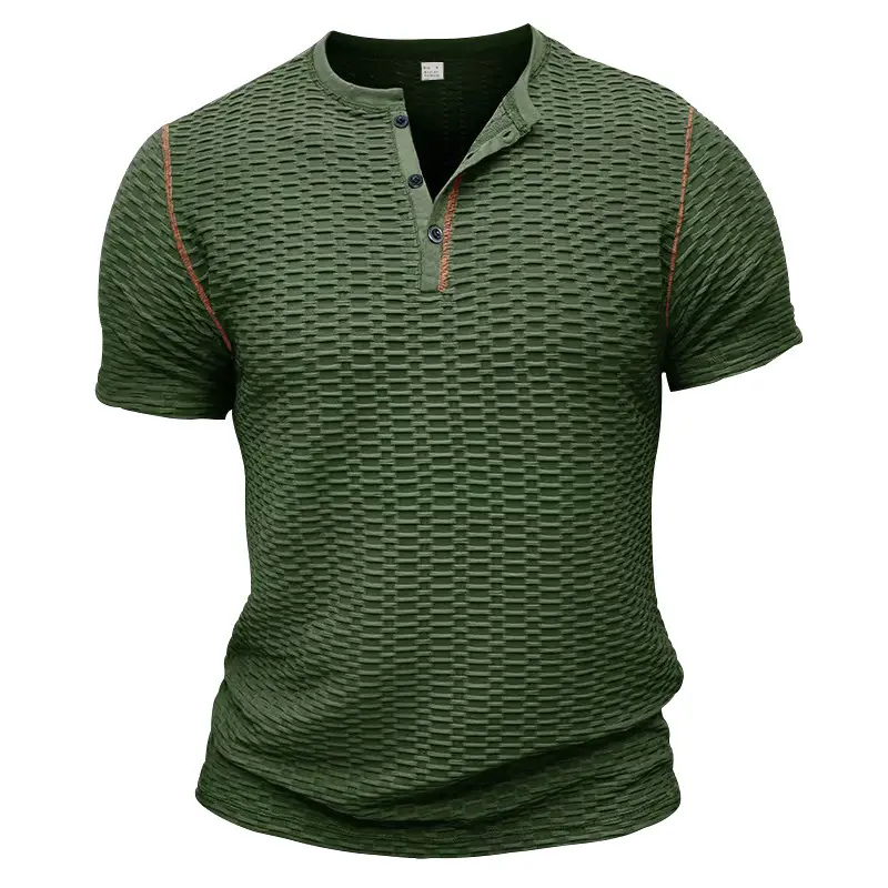 Male Men's Henley Shirt - Slim Fit, Stretch, Breathable Short Sleeve Athletic Top, Athletic Wear, Button Front, Nylon Blend, Machine Washable, Normal Type, Slim-Fitting, Plaid, Elastane, Henley Neck, Athletic Fitness Clothes, Fitness Sport Top