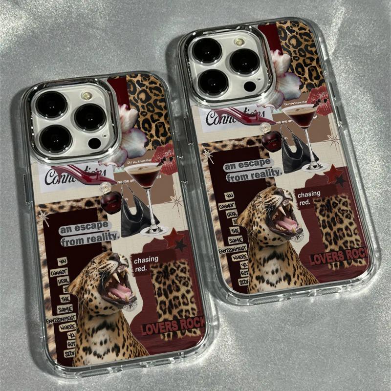 Phone Case for iPhone 17 Air Pro Max 16 15 14 13 12 Air Plus Pro Max Series Protective Cover，  Leopard Print Transparent Electroplated Lens Frame