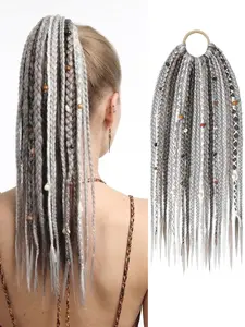 16 Inch Lightweight Boho Braided Dreadlock Ponytail Extension, Synthetic Hair, Viking Style Braid with Hair Tie, Beads Shells Decor, Festival Hair Accessory