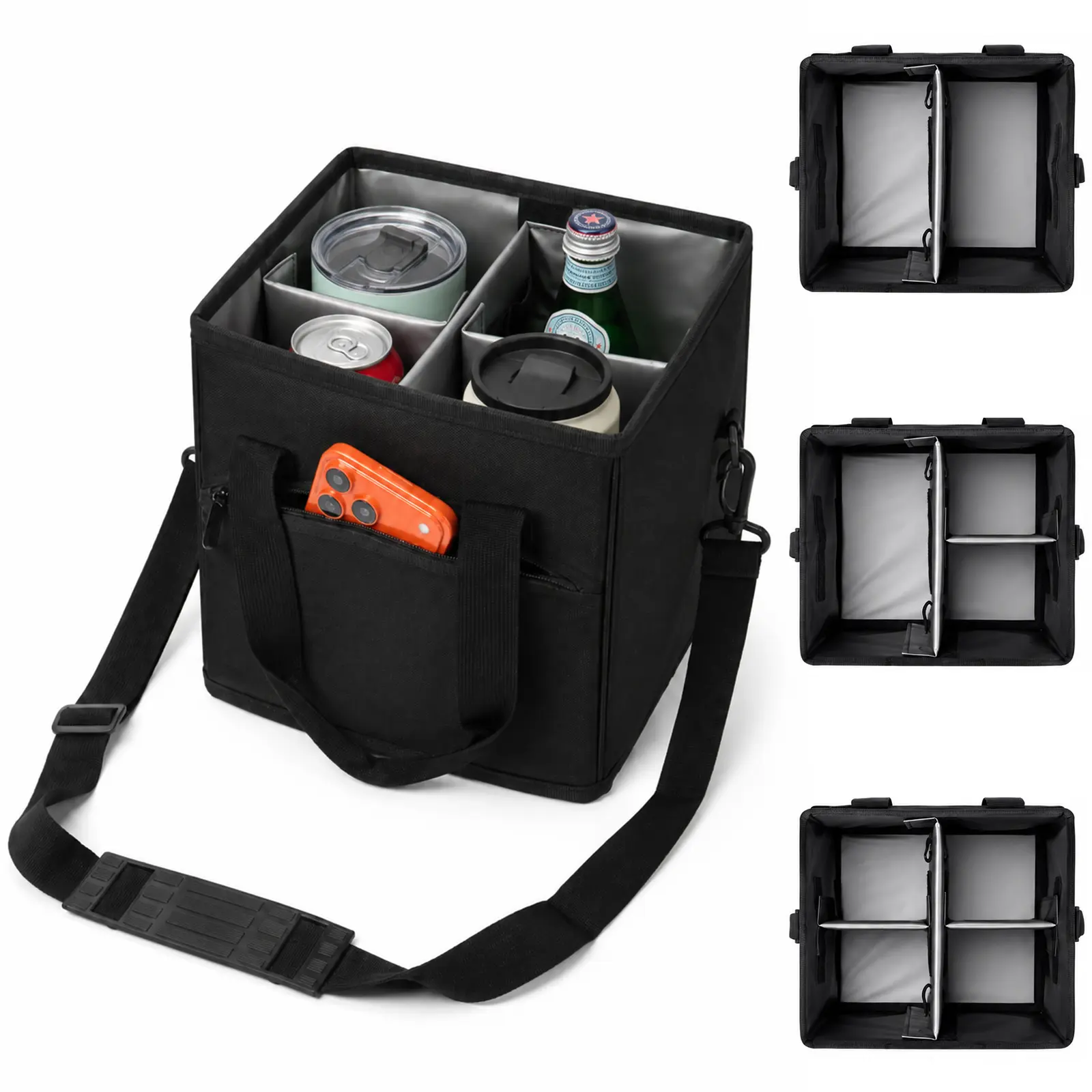 4-Cup Drink Carrier Caddy, Open-Top Insulated Drink Organizer With Removable Dividers, Shoulder Strap And Front Zipper Pocket, Portable Cup Holder Tote Bag For Coffee Cups, Bottles, Delivery, Car, Picnic And Travel