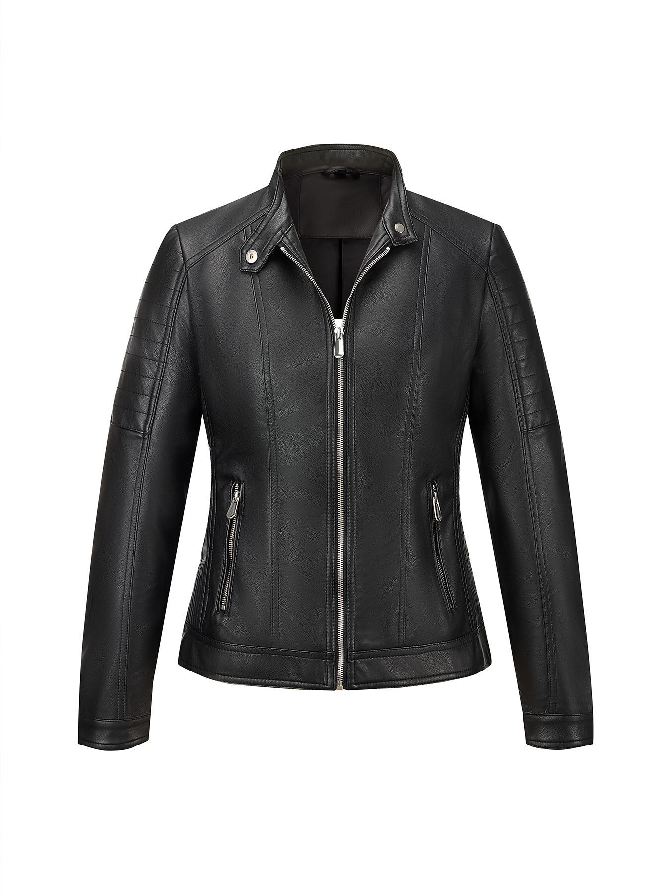 Giolshon Women's Vintage PU Jacket for All Seasons, Casual Fitted Outdoor Commute & Date Wear, Stylish Plaid & Plain Designs