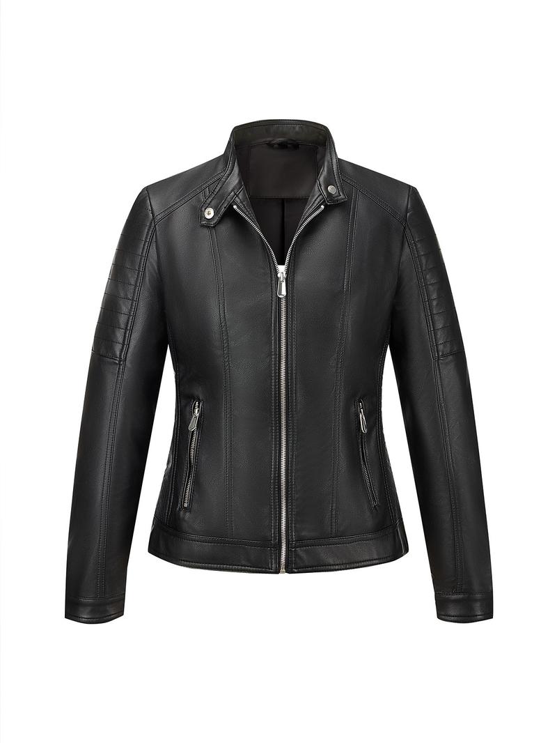 Women's PU Jacket Spring Fall Retro Motorcycle Style, Casual Fitted Plaid Outerwear, Long Sleeve Stand Collar Commuter Coat