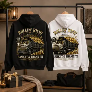 Lucky Gold Truck Graphic Hoodie, Funny Fortune Back Print Sweatshirt, Unisex Streetwear Pullover Hoodie