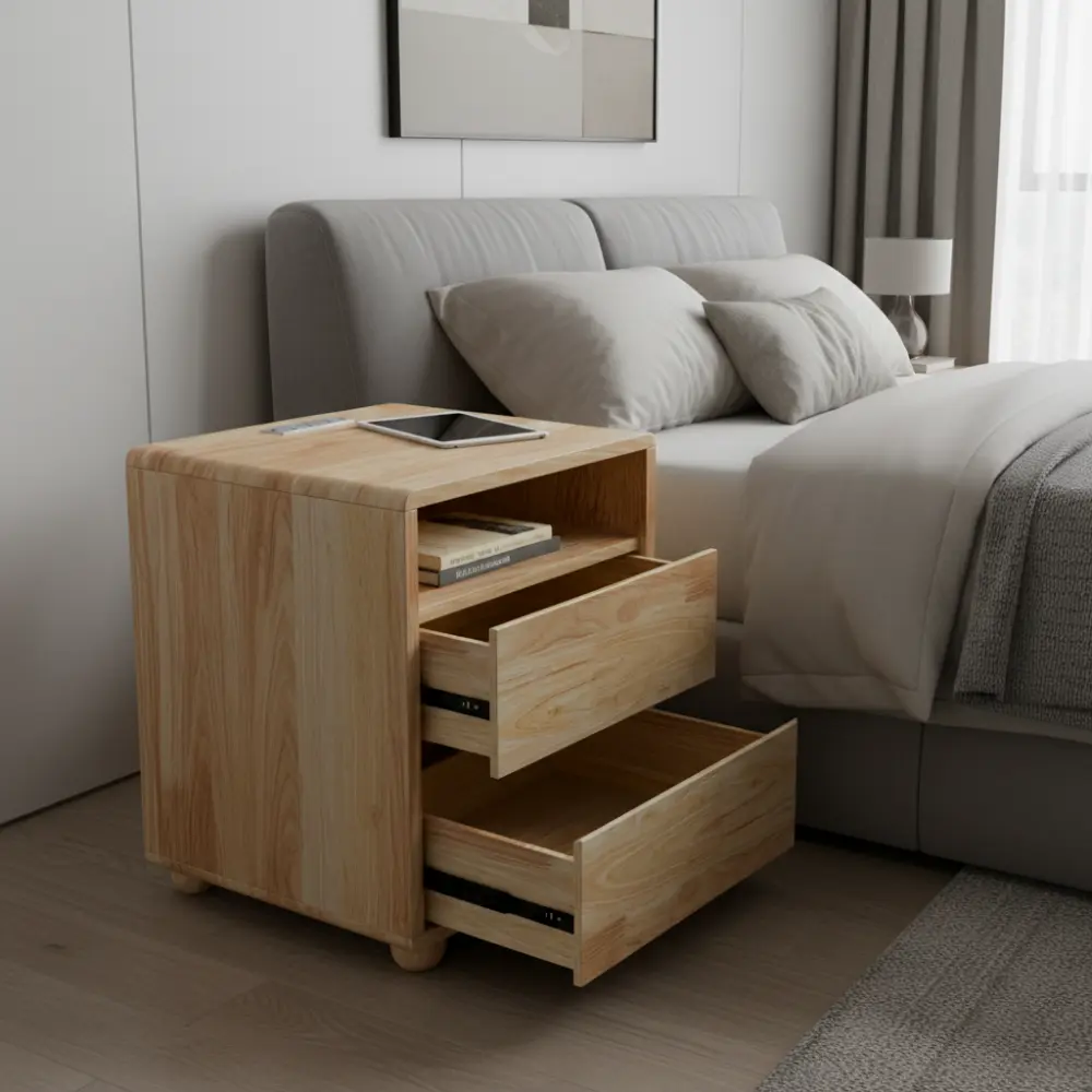 Littleox 20"Modern Nightstand with 2 Drawers And Shelves Solid Wood Night Stand with Charger Station Mid Century Bedside Table Curved Wood Side Table for Bedroom Living room