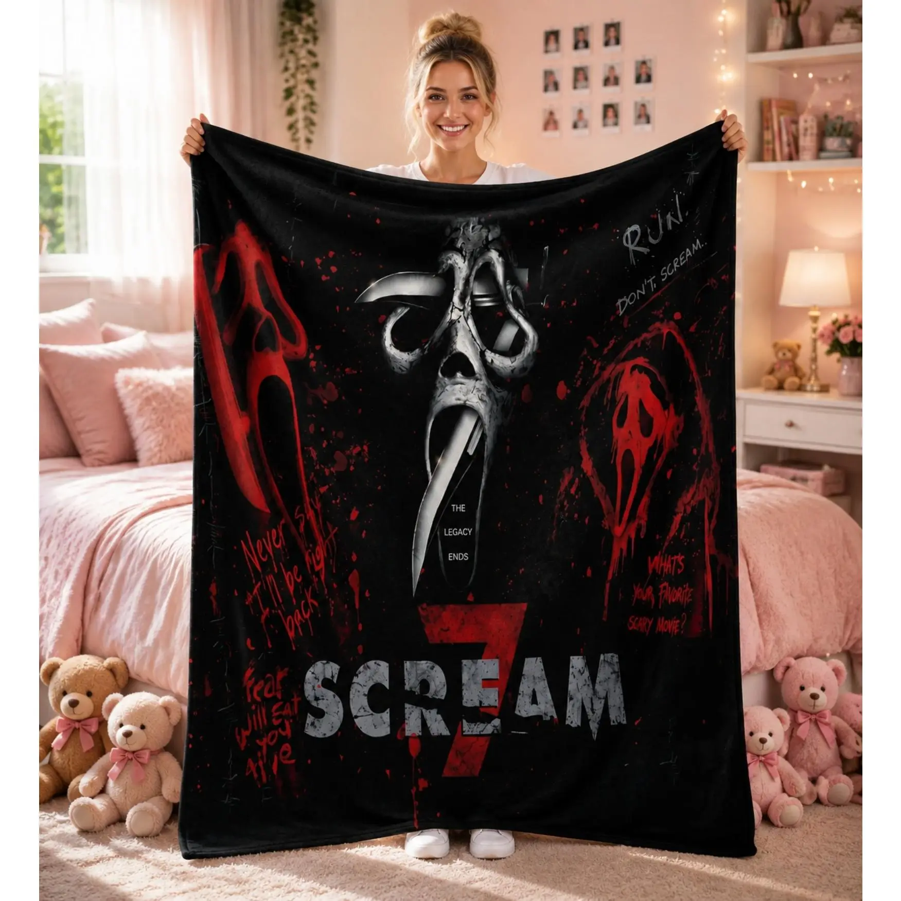 Scream Movie Ghostface Flannel Throw Blanket, Horror Scream 7 Ghost Face Blood Splatter Graphic Soft Cozy Blanket, All Season Decor Blanket for Bedroom Sofa, Trendy Halloween Birthday Christmas Holiday Gift TikTok Viral Amazon Must Have