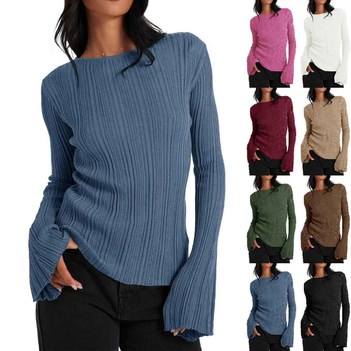 Women's Knitwear Pullover - Elegant Style, Fitted Slim Fit, Solid Color Crew Neck, Flared Bell Sleeves, Dressy Knit Fabric Top (Pair with Skirts)