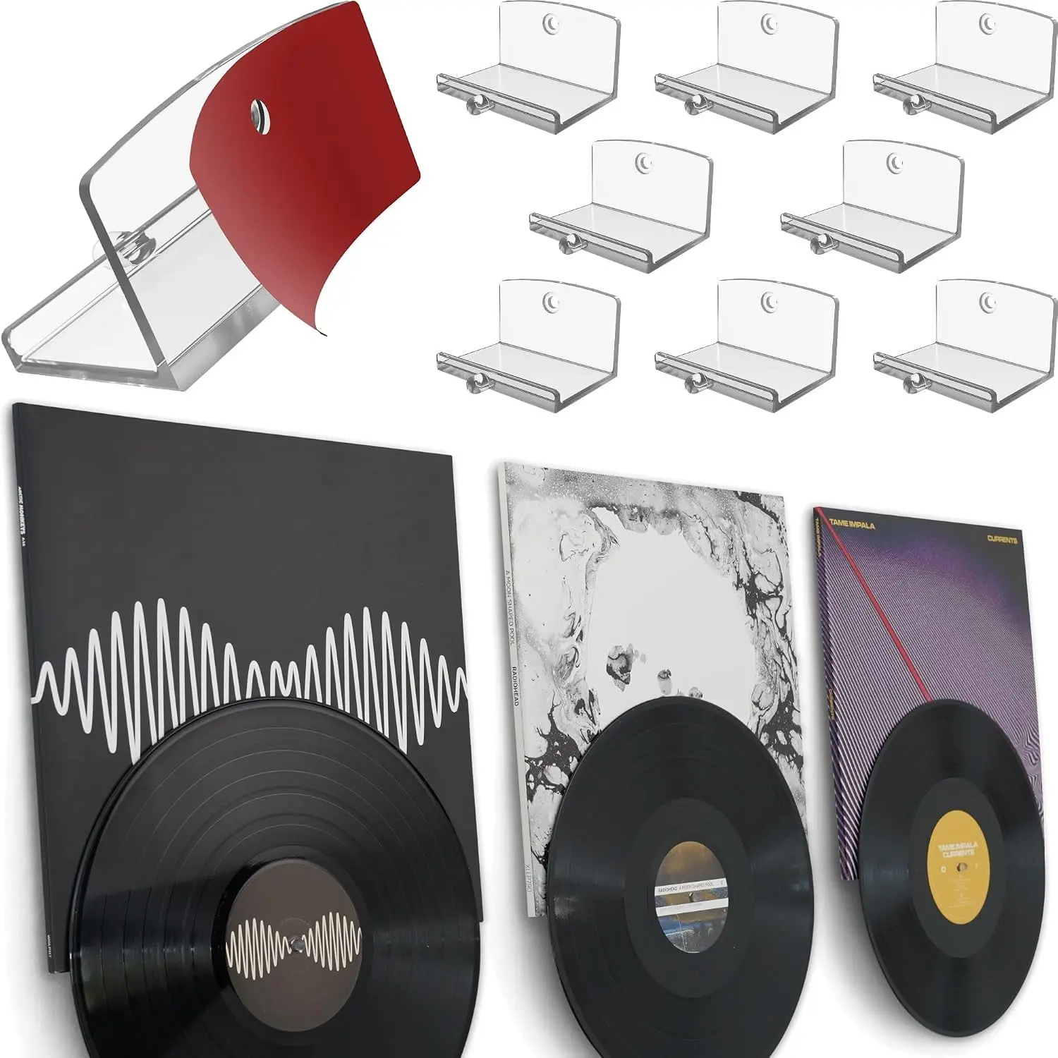 Adhesive Vinyl Wall Mount (8-Pack) – Dual Display Album and Disc, Strong Hold Record Holder Wall, Record-Safe Easy Installation, Album Wall Mount for 1LP and 2LP – Clear