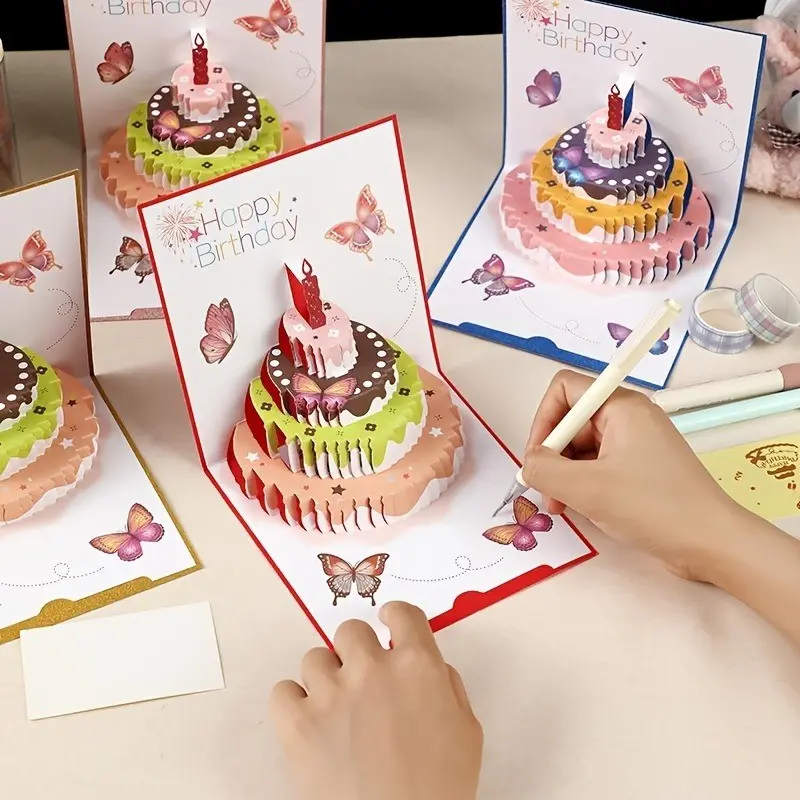 Set of 4 3D Birthday Cake Jumping Cards with Envelopes, Fashionable Luxury Birthday Cards, Perfect Gift for Celebrations