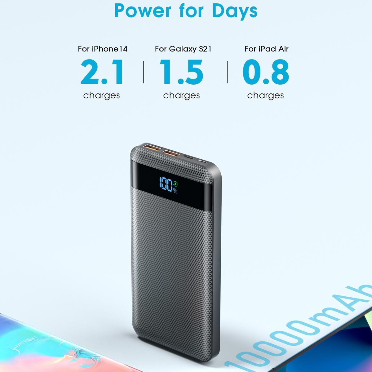 Portable Smartphone Power Bank, Summer 10000mAh 2 USB+1 Type-C Output Power Bank, Portable Mobile Phone Charger with LED Digital Display, Mobile Phone Accessories, Chargeable Smartphone Accessories