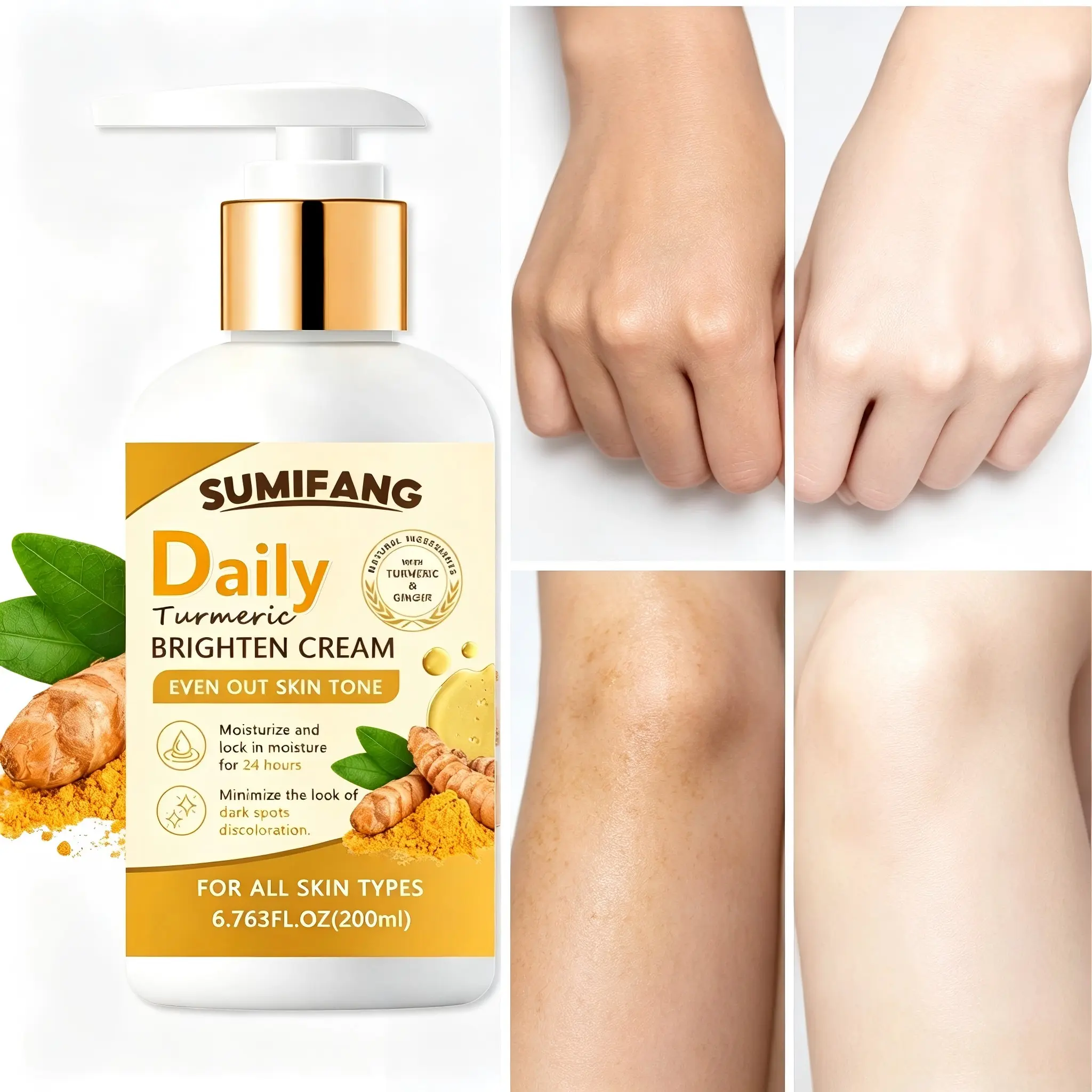 200ML Turmeric Body Brightening Cream, Contains Curcumin, Shea Butter, Vitamin E, Hyaluronic Acid, Even Skin Tone, Moisturizing, Spot Lightening, Luminous Body Lotion