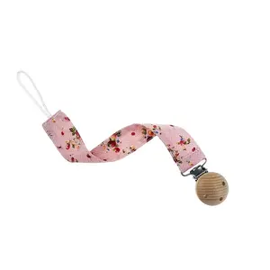 Baby Pacifier Clip Holder, Soft Fabric Strap, Birch Wood Round Clip, Anti-Loss Chain, Baby Soothing Pacifier Chain