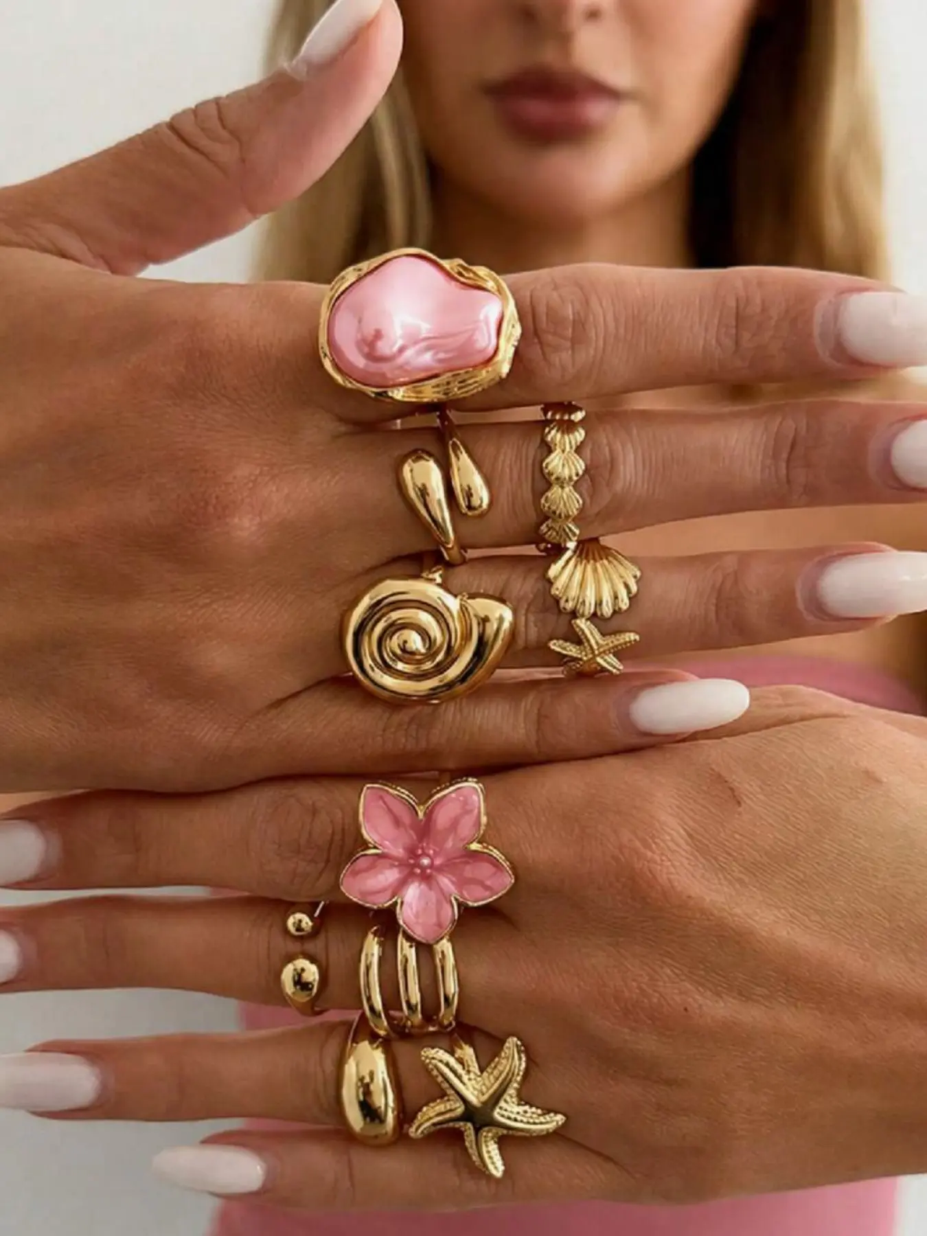 10 Pcs Boho Beach Ring Set, Sweet Cool Girl Alloy Flower Starfish Rings, Festival Gift, Birthday Present, Elegant Jewelry