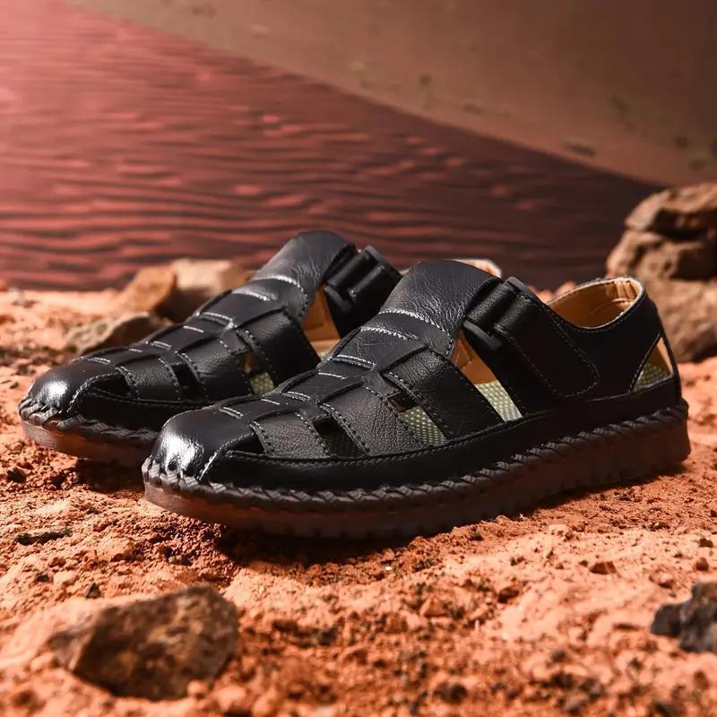 (New)Men's Casual Leather Sandals  Breathable Outdoor Slippers, Adjustable Closed Toe Summer Leather Loafters