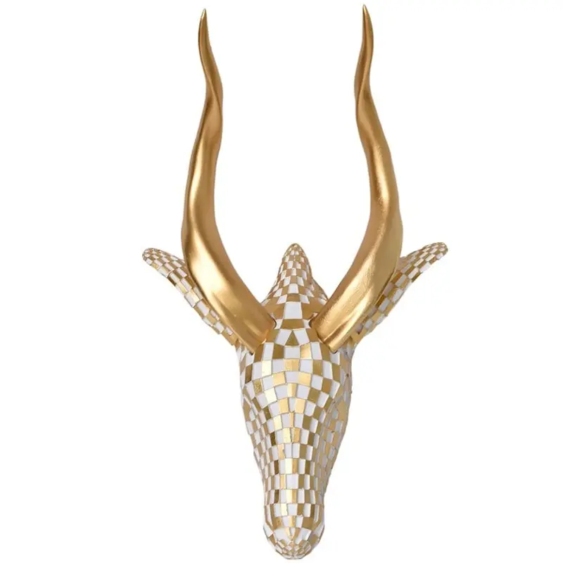 Modern Resin Animal Wall Sculpture, Retro Mosaic Texture, Checkered Gold Horns, 3D Wall Art Decor for Living Room Bedroom Office Entrance