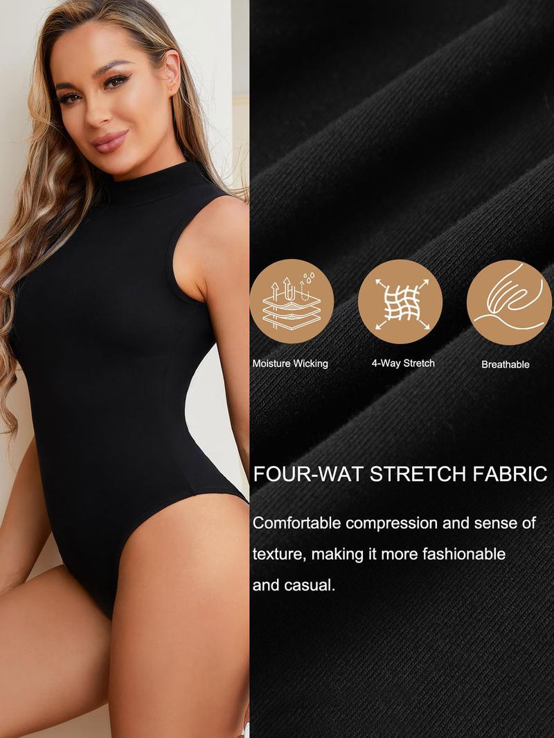 Women's Plain Mock Neck Bodysuit, Solid High Stretch Breathable Bodysuit, Ladies Clothes For Summer Daily Wear, High Compression Shapewear