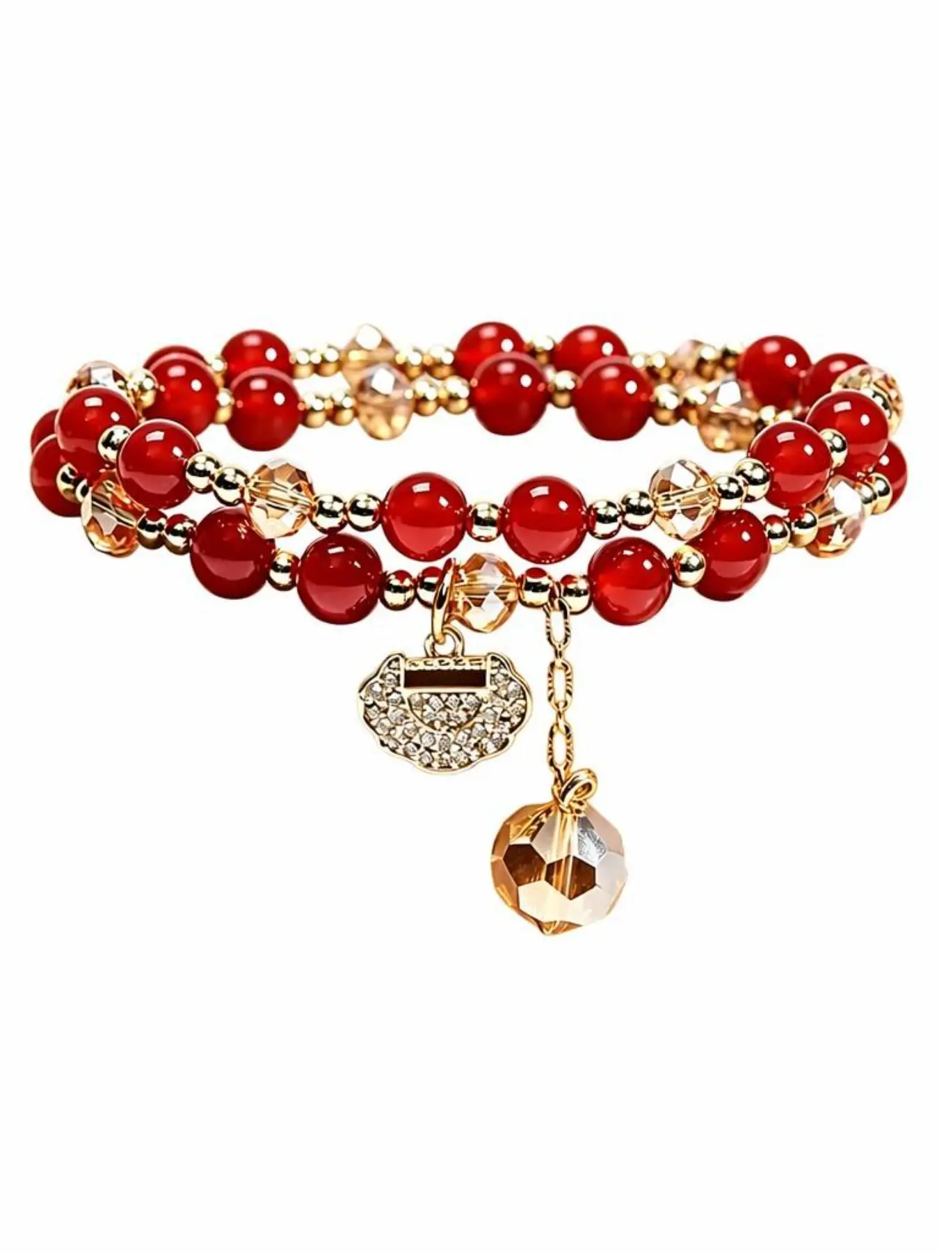Natural Pink Strawberry Quartz Red Agate Beaded Bracelet for Women Dainty Gold Fan Crystal Charm Stretch Bracelets Boho Stackable Healing Crystal Bracelets Jewelry Gift for Her Birthday Anniversary Daily Wear Aesthetic Fashion Accessory