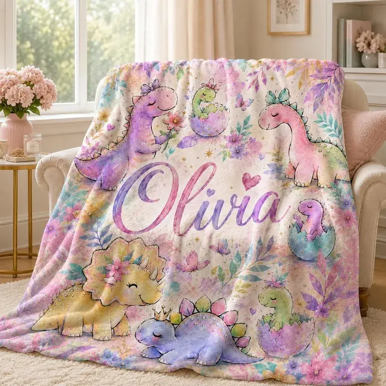 Personalized Dinosaur Blanket for Girls,Custom Baby Girl Name Blanket,Pastel Dino Nursery Bedding,Watercolor Toddler Girls Flannel Gift,Soft Cozy Blanket For Kids Bedroom,HomeEssentials
