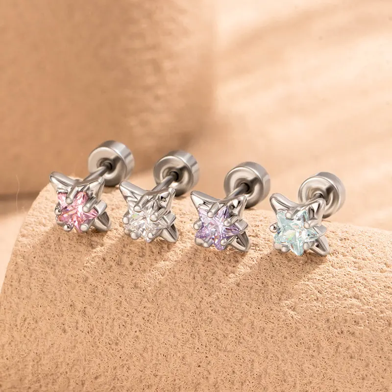 1Pc Versatile  Four Star  Earstuds with Double Headed Screws Titanium Steel Earbone Screws High Grade Girl Earrings