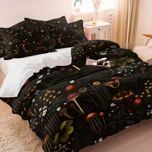 Dark Vintage Wild Mushroom Floral Bedding Set, 1 Duvet Cover + 1/2 Pillowcases, No Filling, HD All Season Print, Soft Breathable Bedding, Cottagecore Forest Fungi Wildflower Pattern for Nature Lover Bedroom Decor