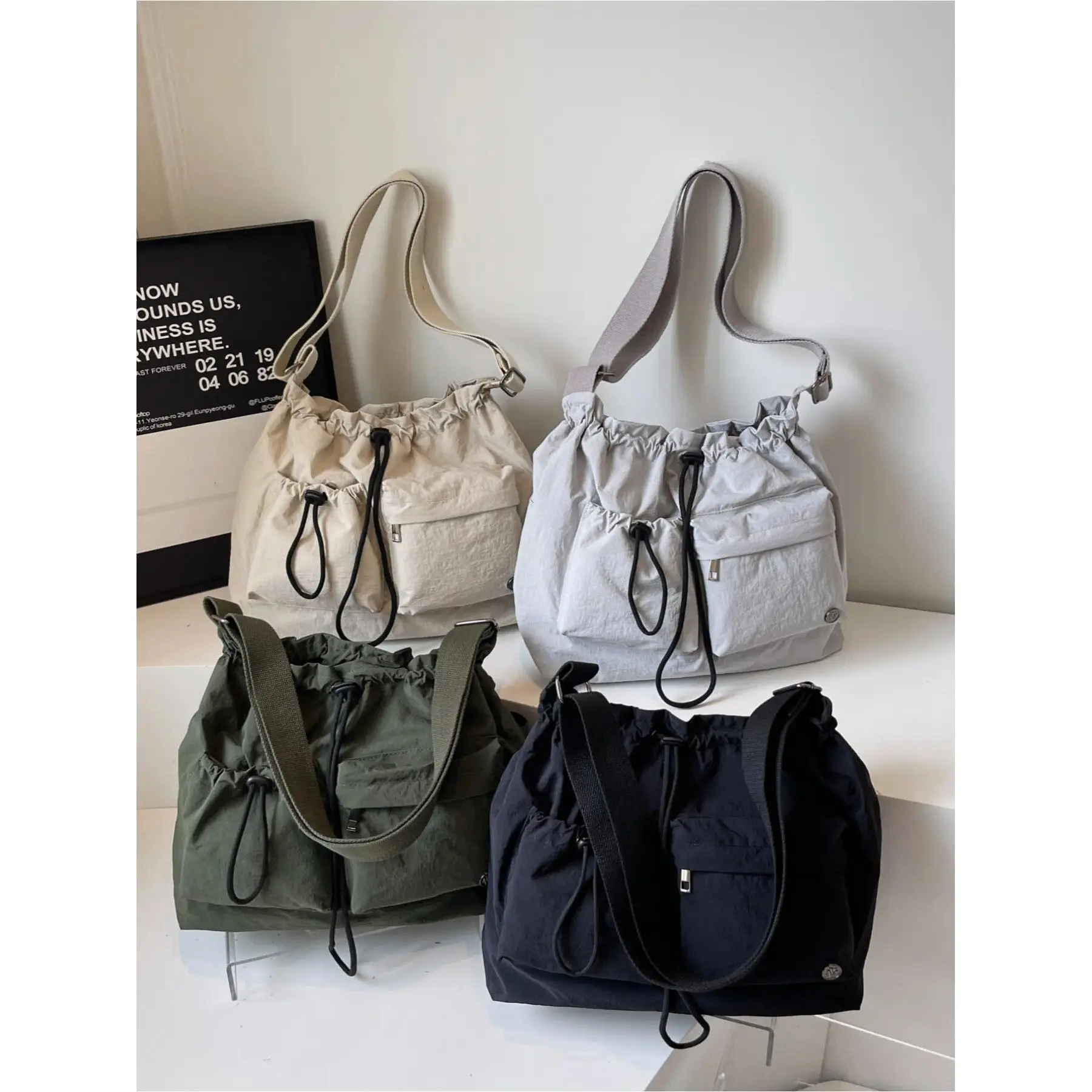 Women's Cute Japanese Minimalist Nylon Bucket Bag - Durable Waterproof Drawstring Adjustable Crossbody, Spacious Lightweight Everyday Purse, Daily Commute Bag for College, Travel