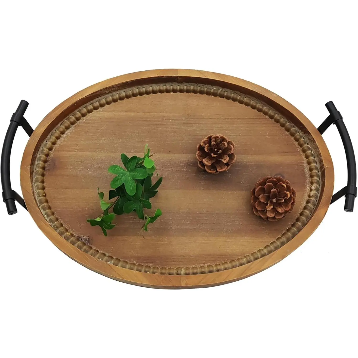 Oval Rustic Wooden Decorative Tray, Serving Tray with Metal Handles, Ottoman Coffee Table Tray,  Centerpiece for Kitchen or Living Room (Brown)
