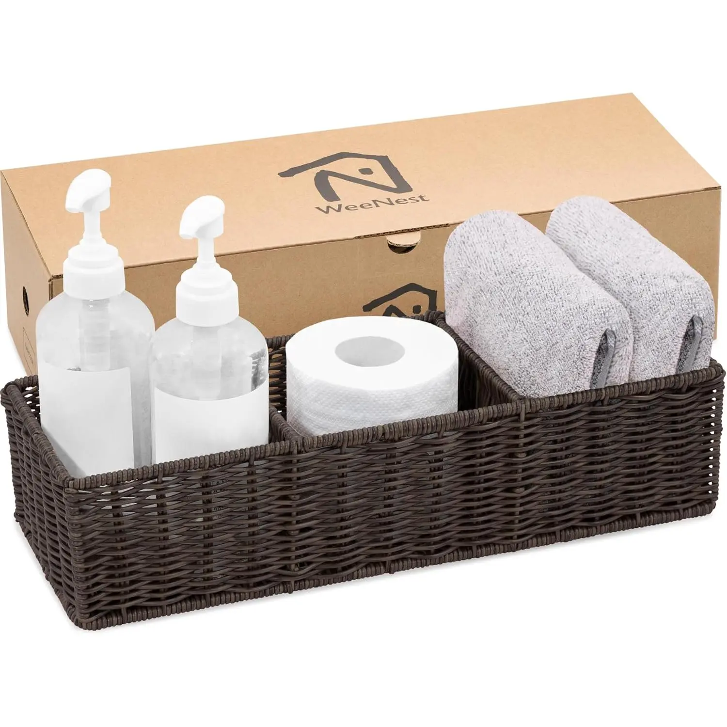WeeNest Wicker Basket with 3 Compartments,  Wicker, M, Rustic Brown | Medium Size, Toilet Storage, Bathroom Organizer Countertop, Bathroom Organizer Basket, Toilet  Basket, 1 count