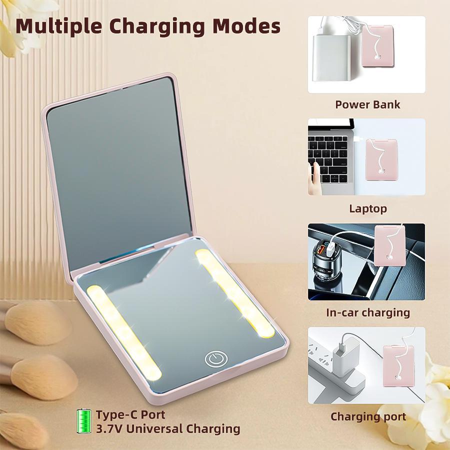 Rechargeable Pocket Mirror, LED Makeup Mirror with Light for Purse, Lighted Makeup Mirror, Double Sided 1X/2X Magnification Compact Vanity Mirror, Folding Small Portable Mirror