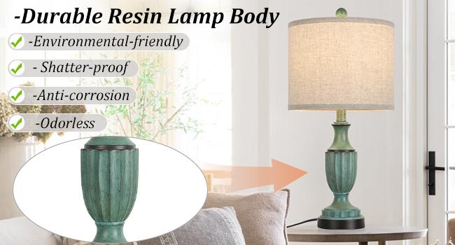 Farmhouse Living Room Table Lamps Set of 2, Green Rustic Vintage Table Lamps for Bedroom Nightstand, Antique Bedside Desk Lamps with Linen Shade, 22’’ Traditional Resin Lamp Sets for End Table