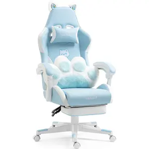 AobtkelCat Ears Gaming Chair - Ergonomic PU Leather Office Chair, Cute Chair with Footrest for Adult 310lbs Capacity, 90°-155° Reclining paw Pillow, Blue