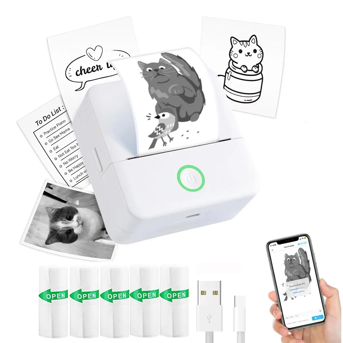 Mini Thermal Portable Printer with 5 Rolls of Paper, Inkless Sticker Maker for Photos, Notes, Journals, DIY Gifts, Rechargeable Lithium Battery Included
