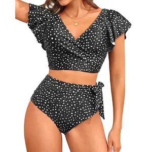 Aqua Eve Ruffle Bikini High Waisted Swimsuit - Women Two Piece Bathing Suit Tummy Control Bikini Set