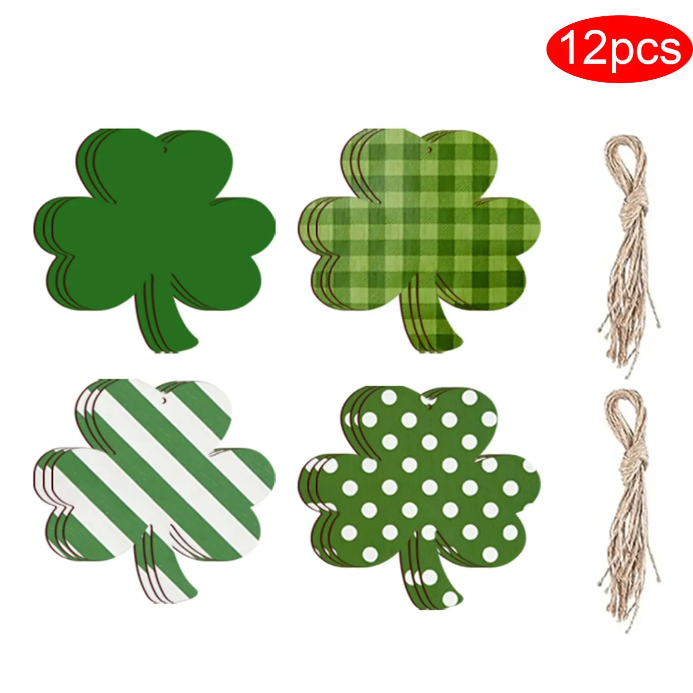 St Patricks Day Decorations, 12 Pcs Shamrocks Wooden Clover Ornaments, Simple Style Hanging Cutouts with Rope, Tree Table Decor