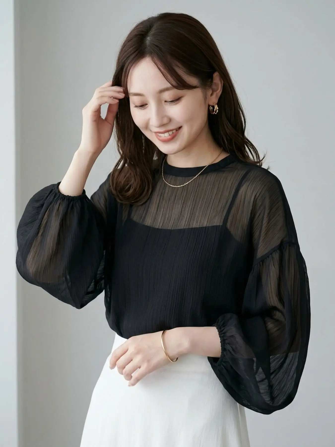 Quick-Dry Bubble Sleeve Top, Chiffon Shirt, Beachwear, Layering Shirt, Casual Long Sleeve, Solid Pattern, All Seasons, Loose-Fitting