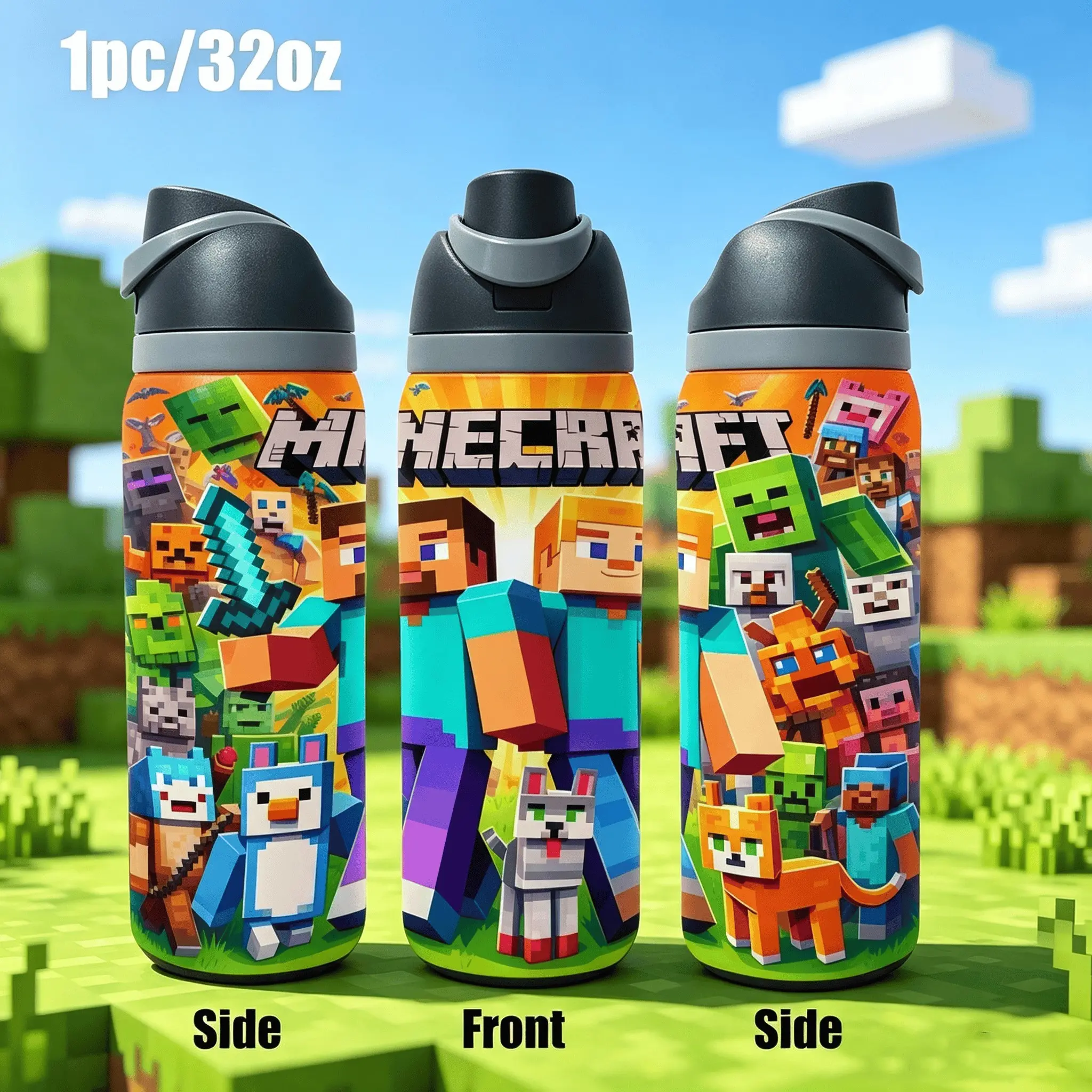 1pc 20/32oz Stainless Steel Insulated Tumbler With handle , 2D Minecraft Pixel Block Game Character Print Vacuum Water Bottle, Leak‑Proof Portable Travel Cup, Cold Heat Retention, Kids Birthday Gift For Game Fans,Back-to-school gifts