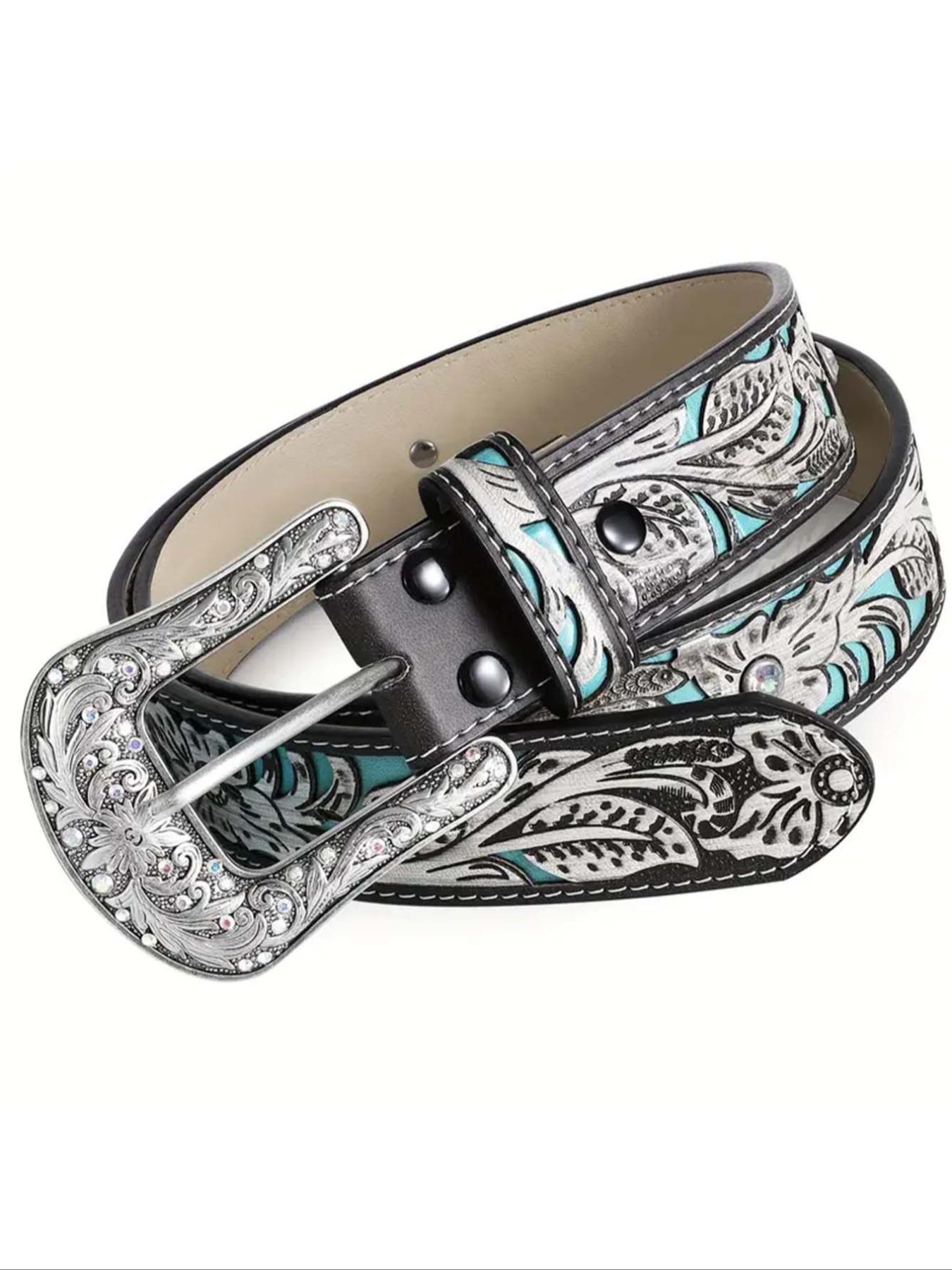 Boho Style Leaf Embossed Vintage Western Cowboy Cowgirl Belt, 2024 New Style Fashionable Adjustable Pu Buckle Belt for Women, Casual Brown Cowgirl Waistband for Jeans Trousers Western Belts